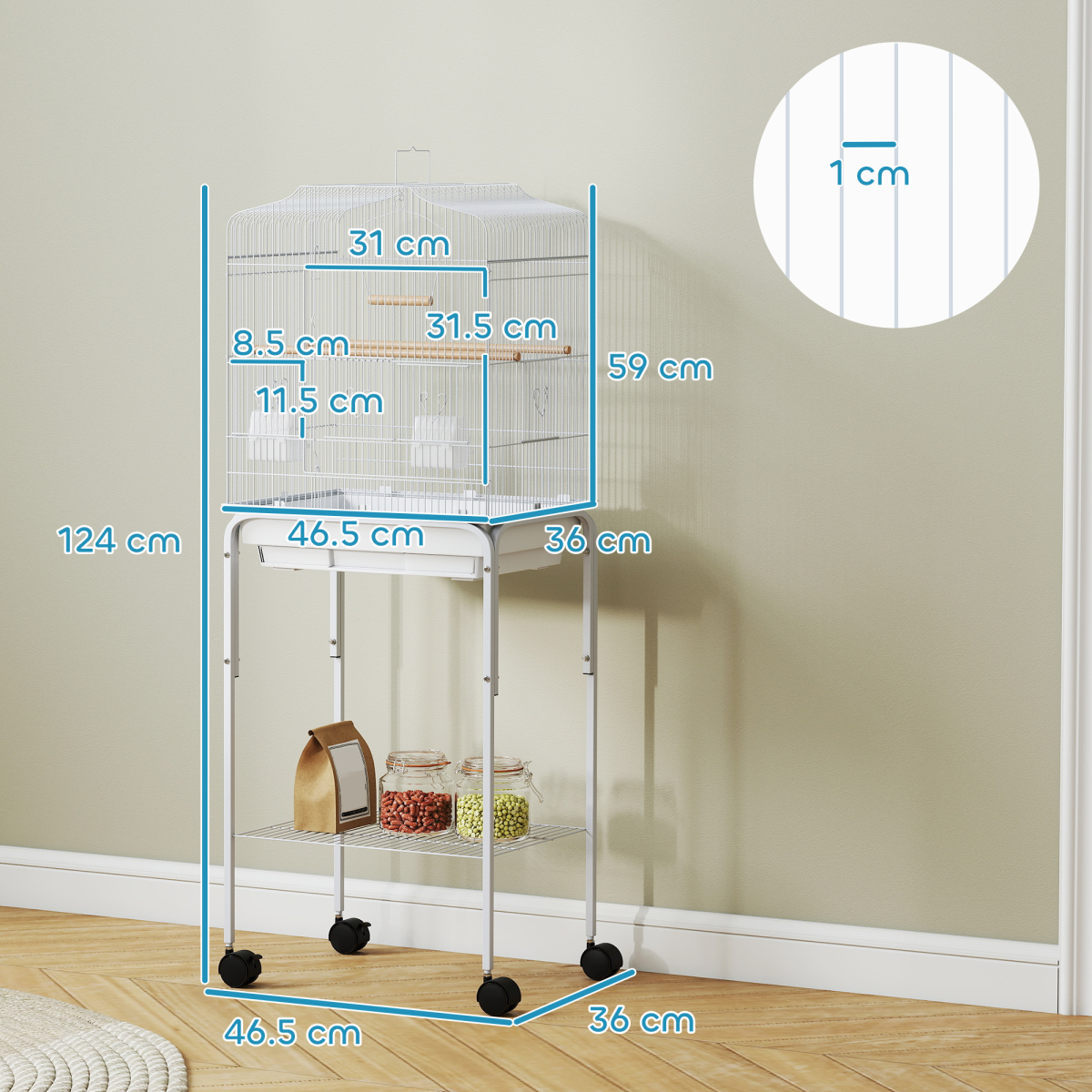 Bird Cage Starter Kit with Detachable Rolling Stand, Perches, Swing & Storage Basket – White