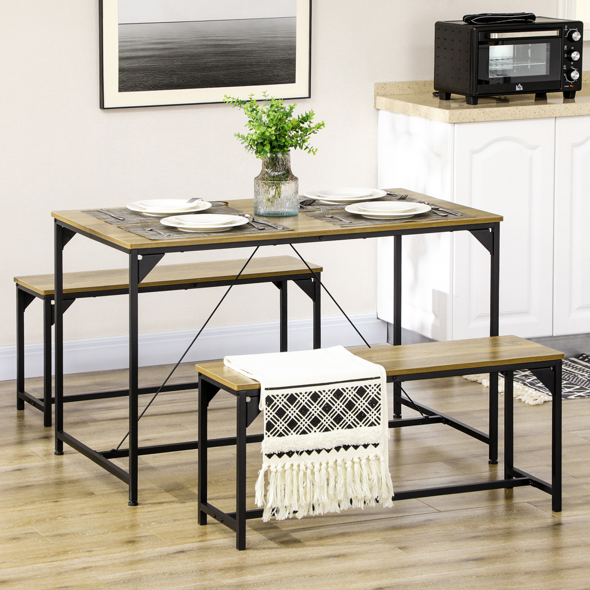 HOMCOM Modern Dining Table & 2 Benches Set for 4 – Space-Saving Three-Piece Kitchen Set