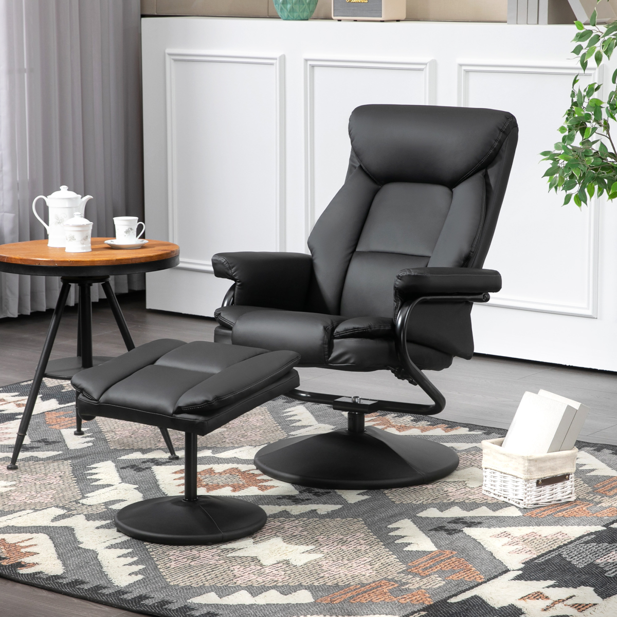 HOMCOM PU Leather Swivel Recliner Armchair with Ottoman – 135° Manual Reclining Chair with Footstool, Black
