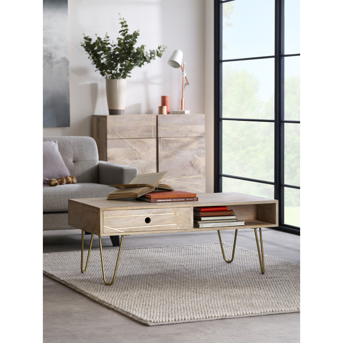 Rectangular Coffee Table with Drawer & Light Gold Metal Inlay – Solid Wood Living Room Table