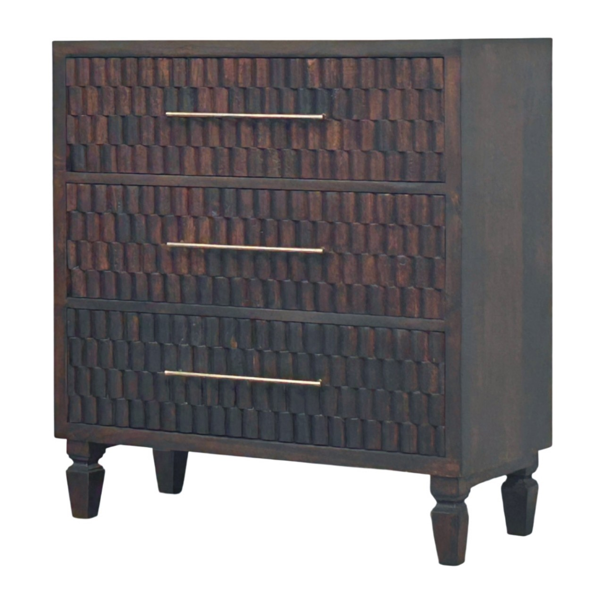 Artisan Furniture Solid Mango Wood Arno Carved Chest of 3 Drawers, Tapered Legs – Bedroom Storage, Dark Brown