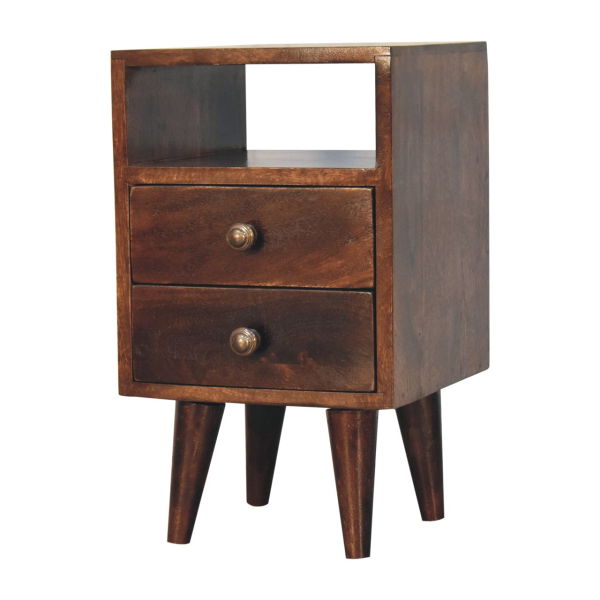 Artisan Furniture Mini Classic Walnut Bedside Table – Solid Mango Wood, 2 Drawers & Open Slot, Dark Brown