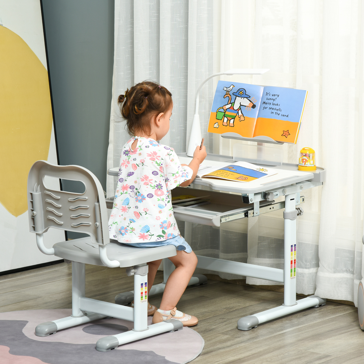 HOMCOM Kids Study Desk and Chair Set with USB Lamp, Drawer and Adjustable Height, Tilting Top – Grey