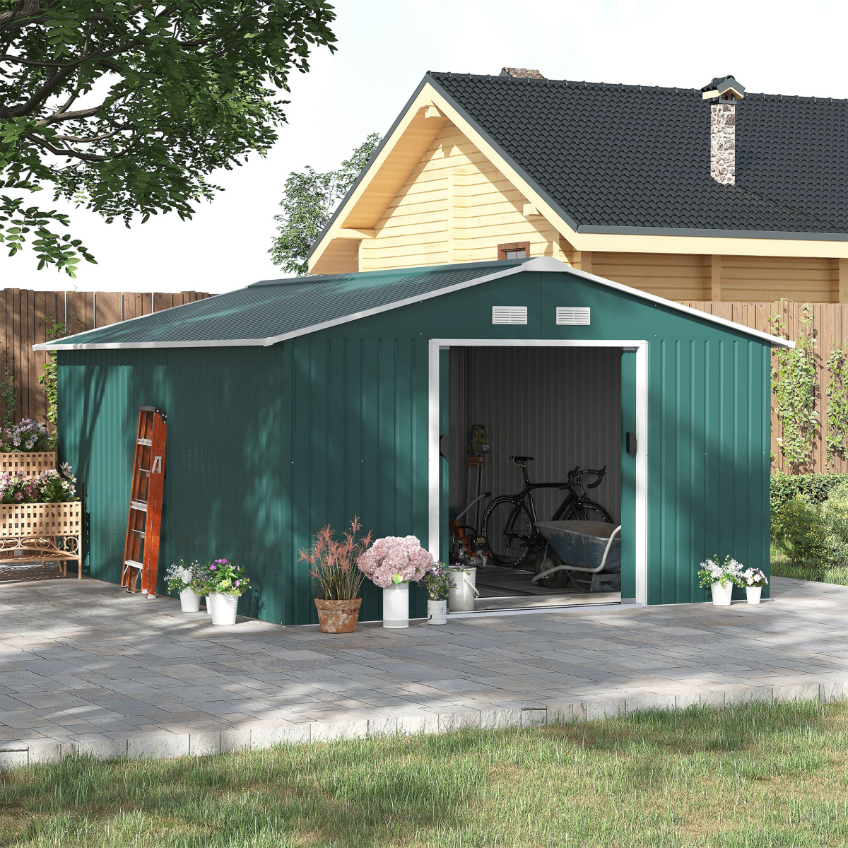 Outsunny 13ft x 11ft Galvanised Metal Garden Shed with Sliding Doors, Foundation & Ventilation – Outdoor Storage, Green