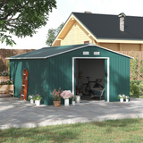 Outsunny 13ft x 11ft Galvanised Metal Garden Shed with Sliding Doors, Foundation & Ventilation – Outdoor Storage, Green