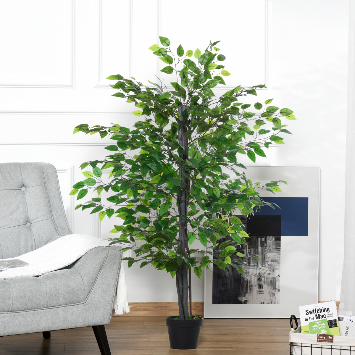 Outsunny 145cm Artificial Banyan Tree in Cement Pot – Realistic Indoor Greenery for Home & Office
