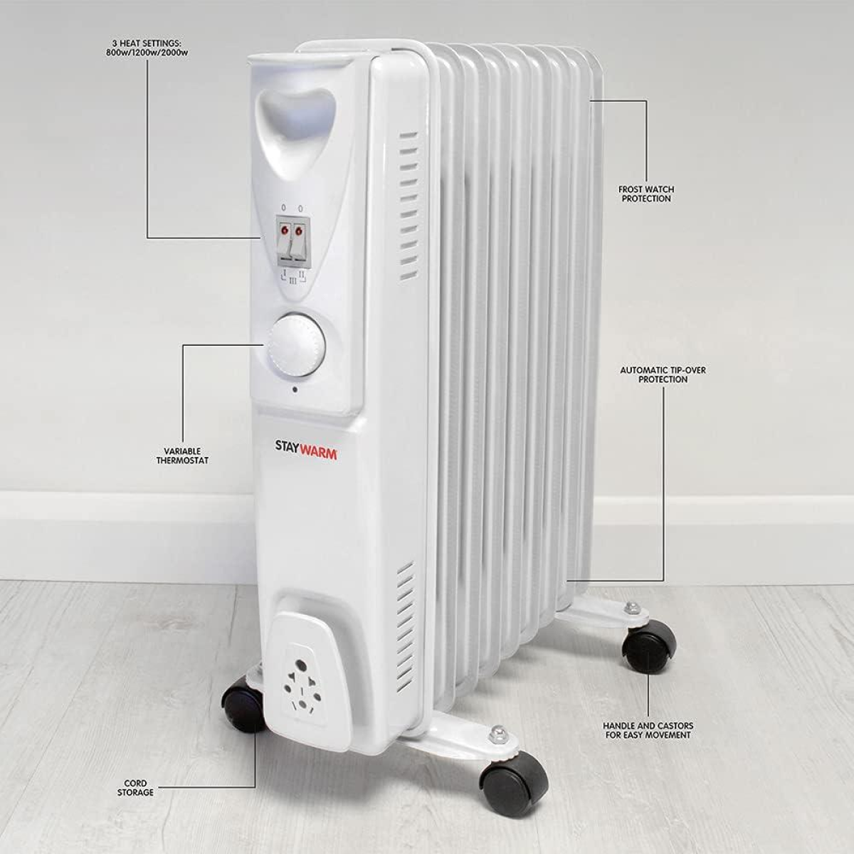 StayWarm 2000W 9 Fin Oil Filled Radiator with Variable Thermostat & Castor Wheels – Grey