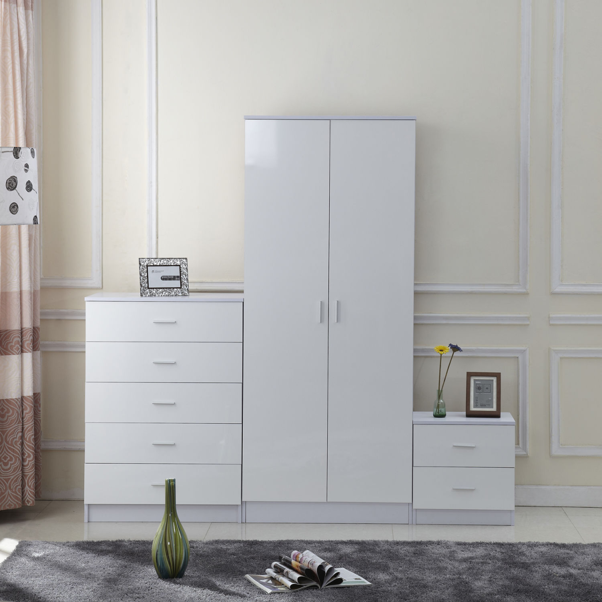 HOMCOM 3 Piece High Gloss Bedroom Furniture Set with Wardrobe, 5 Drawer Chest & Bedside Table – Tall, White