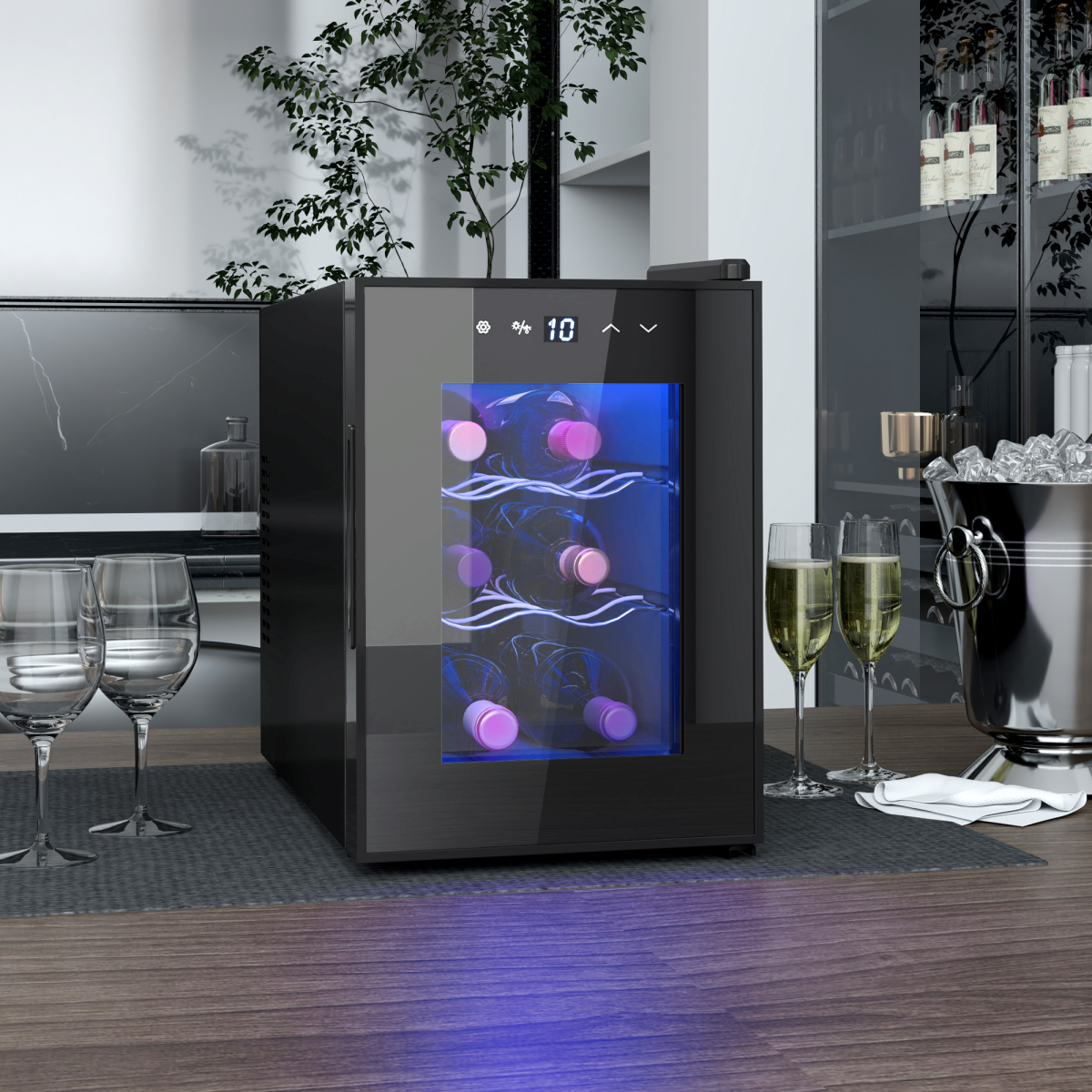 HOMCOM 6 Bottle Mini Wine & Beer Fridge with Glass Door & Touch Controls – Compact Drinks Cooler