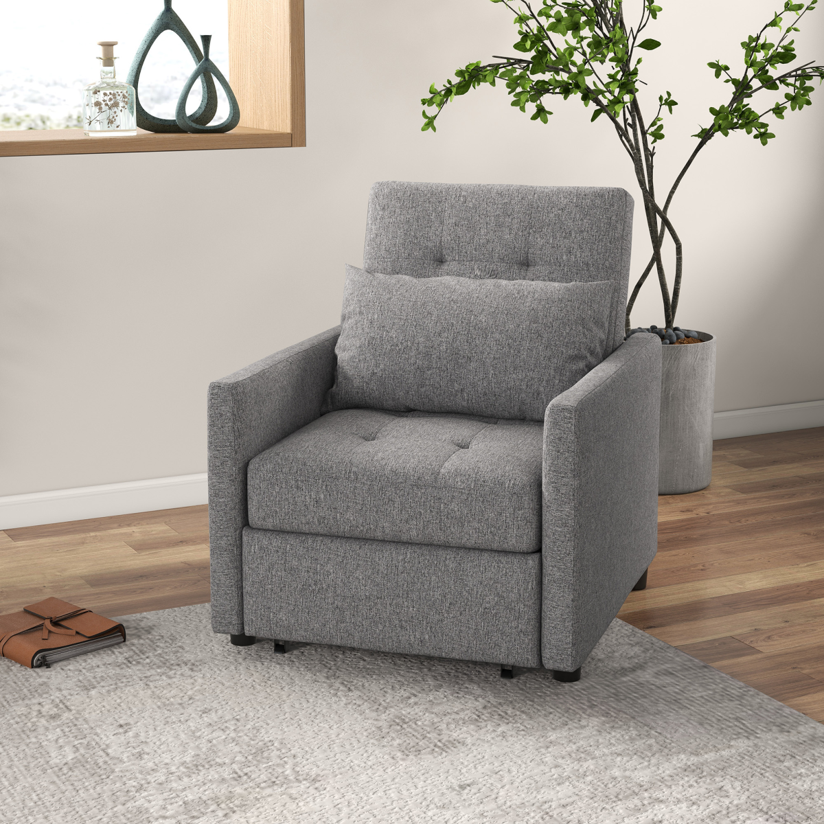 HOMCOM Convertible Tufted Single Chair Bed – Button-Tufted Padded Seating for Guest Rooms and Studios, Grey