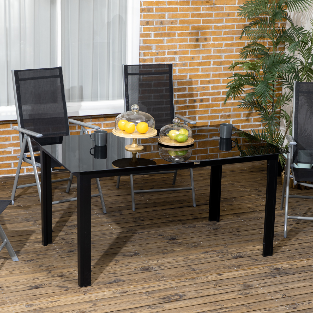 Outsunny Outdoor Dining Table for 6 with Tempered Glass Top & Aluminium Frame – Patio Garden Table, Black