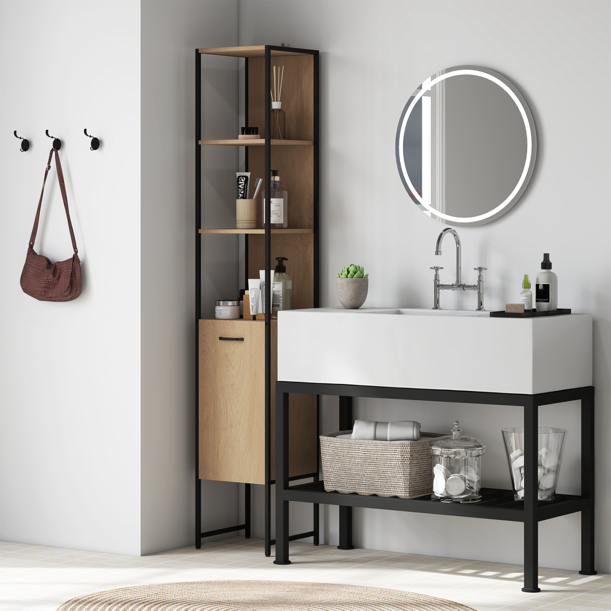 White Bathroom Storage Cabinet with Open & Closed Compartments – Adjustable Shelf, Freestanding Organiser