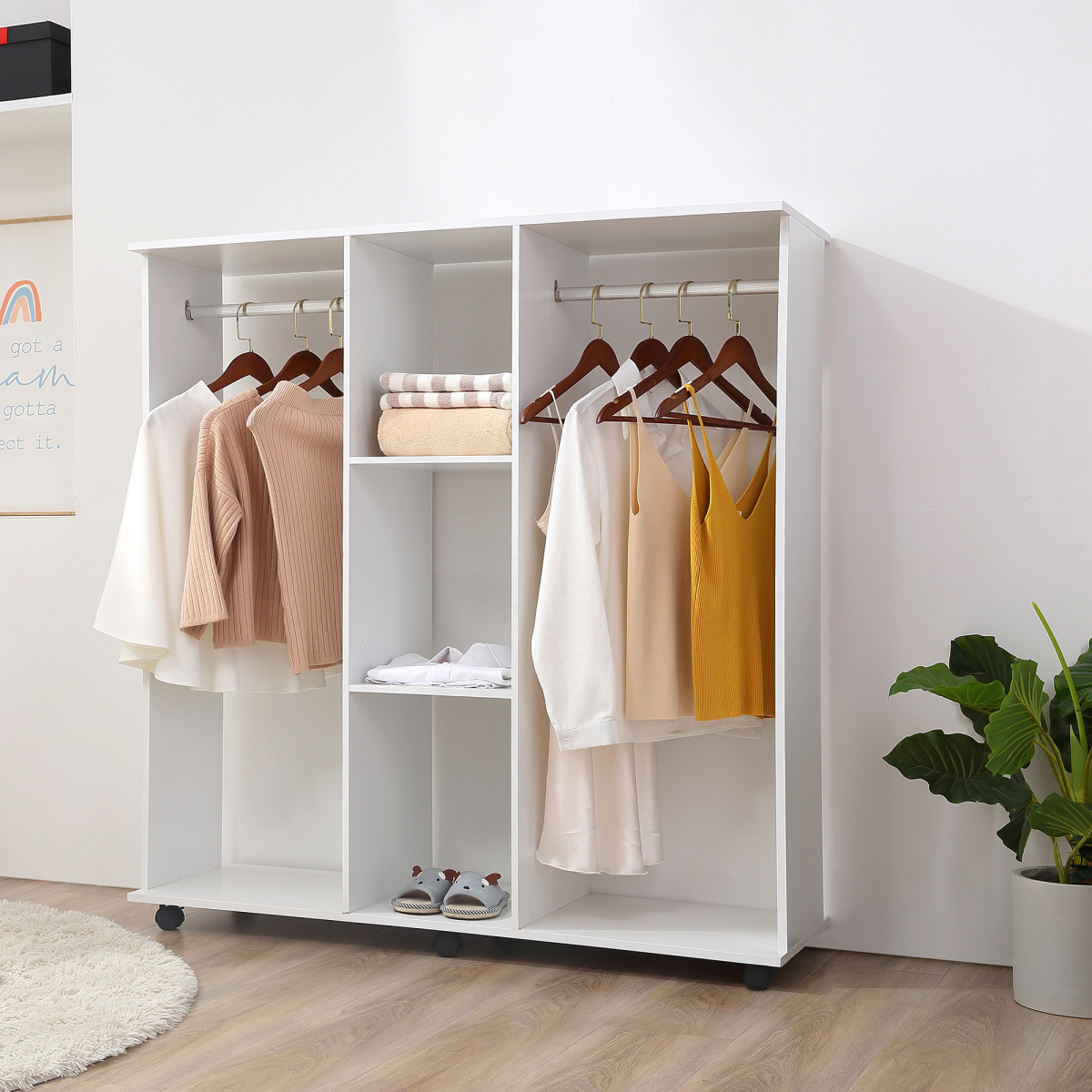 Mobile Double Open Wardrobe with Clothes Hanging Rails & Castors – Bedroom Storage, White