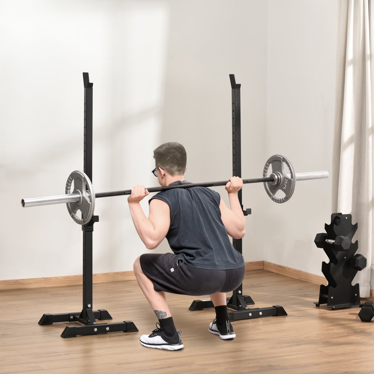 HOMCOM Adjustable Barbell Squat Stand with 12 Height Levels & Non-Slip Feet – Home Gym Weight Rack, 150kg Capacity