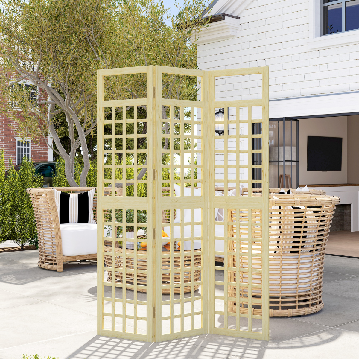 Outsunny 3-Panel Folding Wooden Garden Privacy Screen – Fir Wood Outdoor Divider, Natural Finish