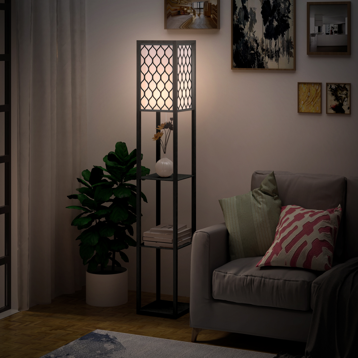 4-Tier Open Shelf Wooden Floor Lamp, 160cm – Black/White