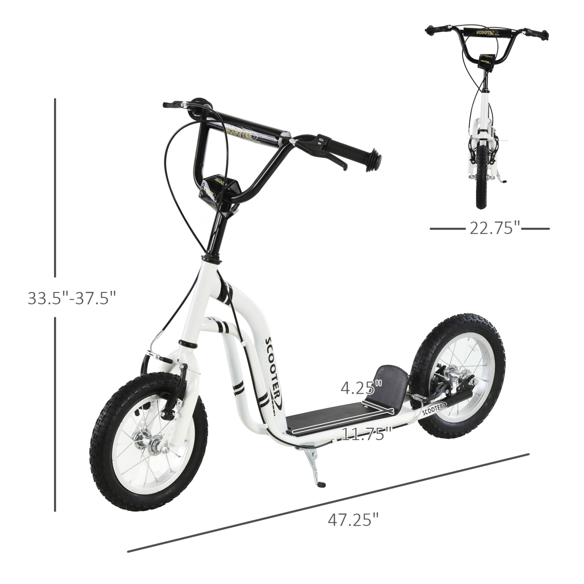 Kids Scooter with 12 Inch Inflatable Football-Design Wheels & Adjustable Handlebar – Steel Frame, Ages 5+, White