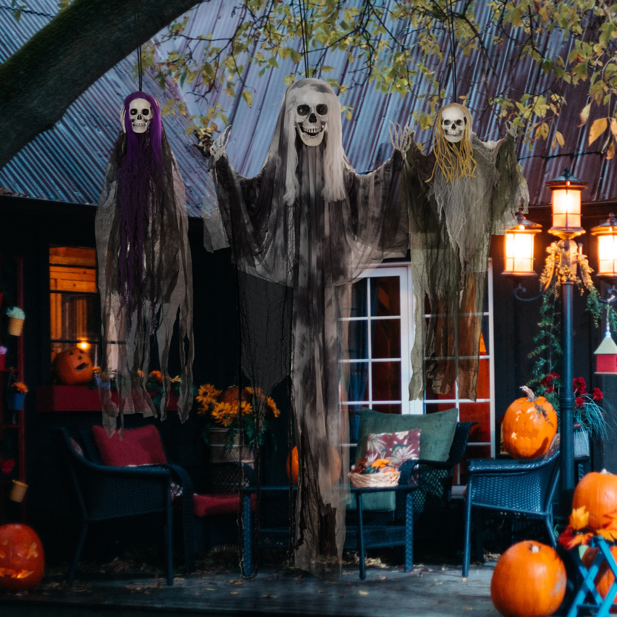HOMCOM Set of 3 Hanging Skeleton, Flying Ghost Halloween Decorations