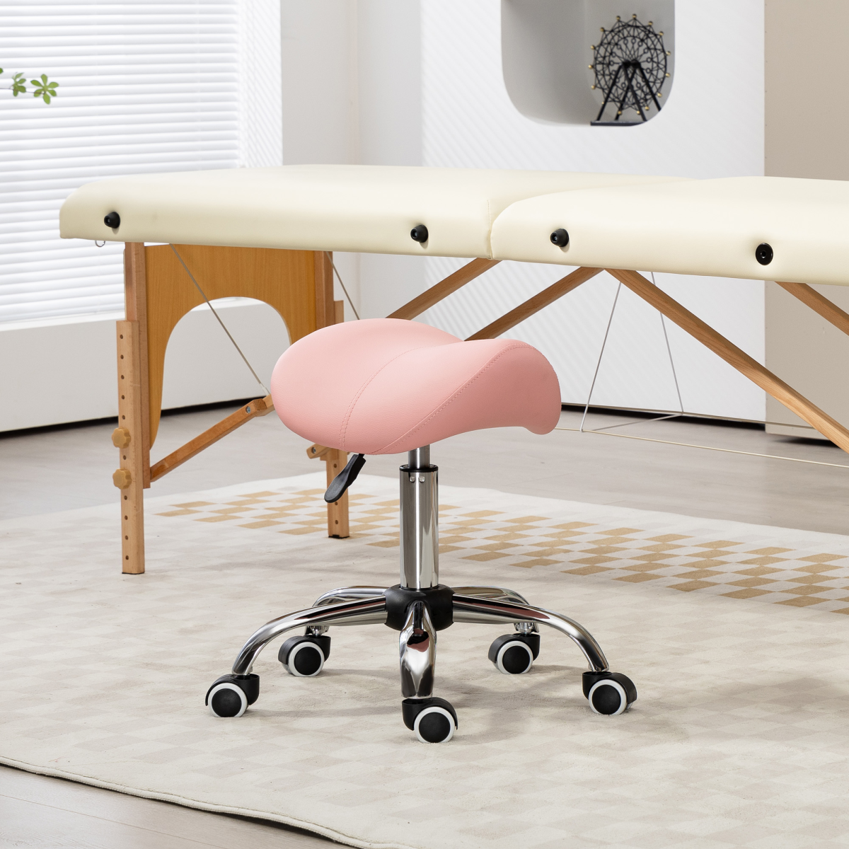 HOMCOM PU Leather Saddle Stool with Moulded Padded Seat, 49–61cm Adjustable Height – Salon & Home Use, Pink