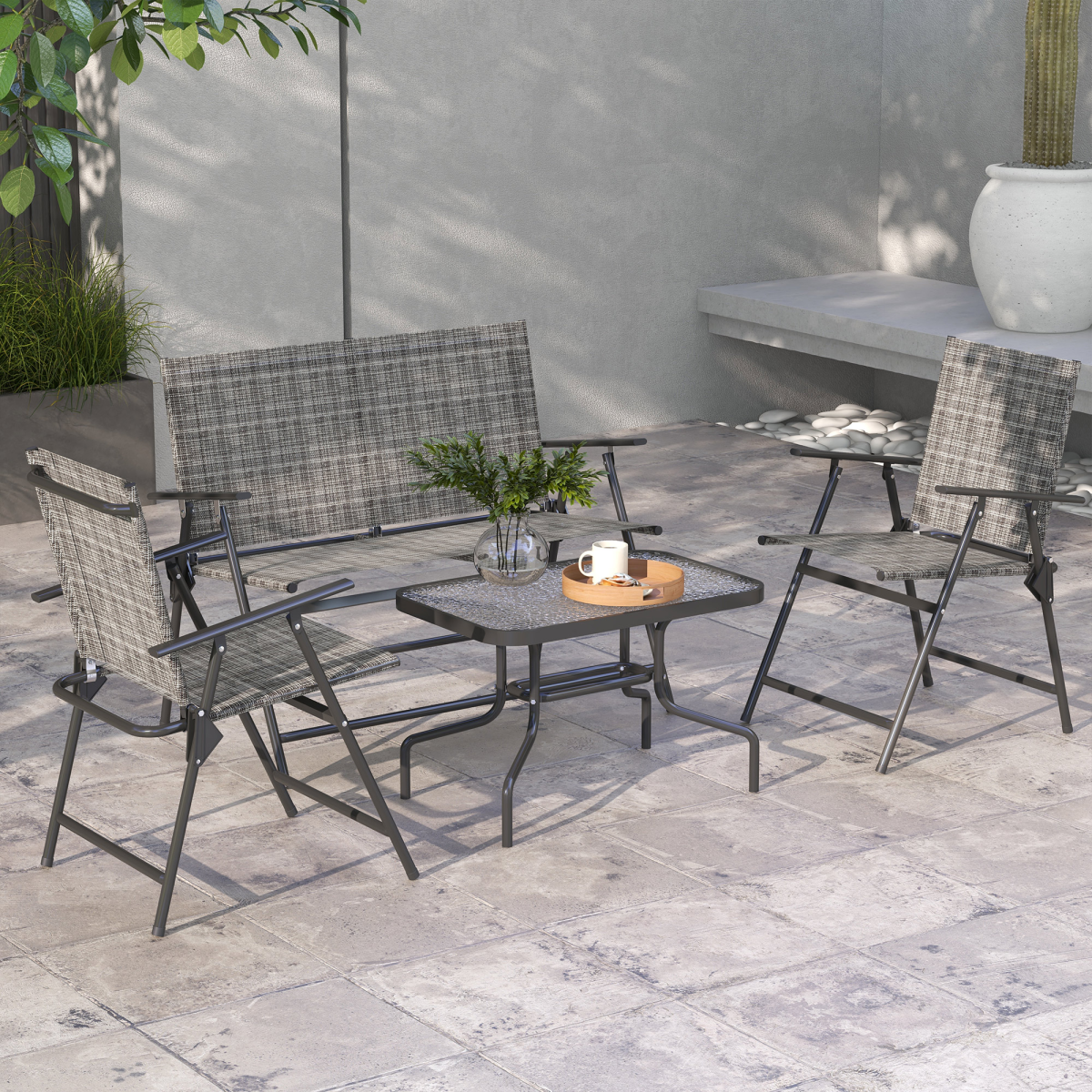 Outsunny Patio Furniture Set with Two Foldable Armchairs, Loveseat and Glass Table – Garden Set, Dark Grey