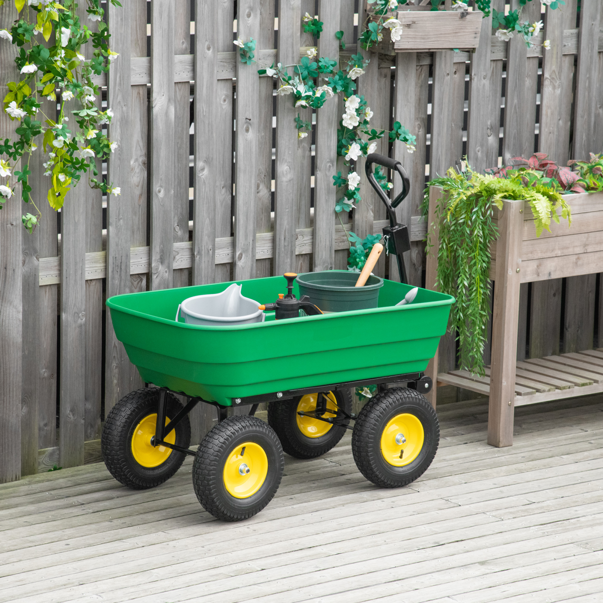 Outsunny 125L Heavy Duty 4-Wheel Garden Cart with Tipping Mechanism – Steel Trolley Wheelbarrow, Green