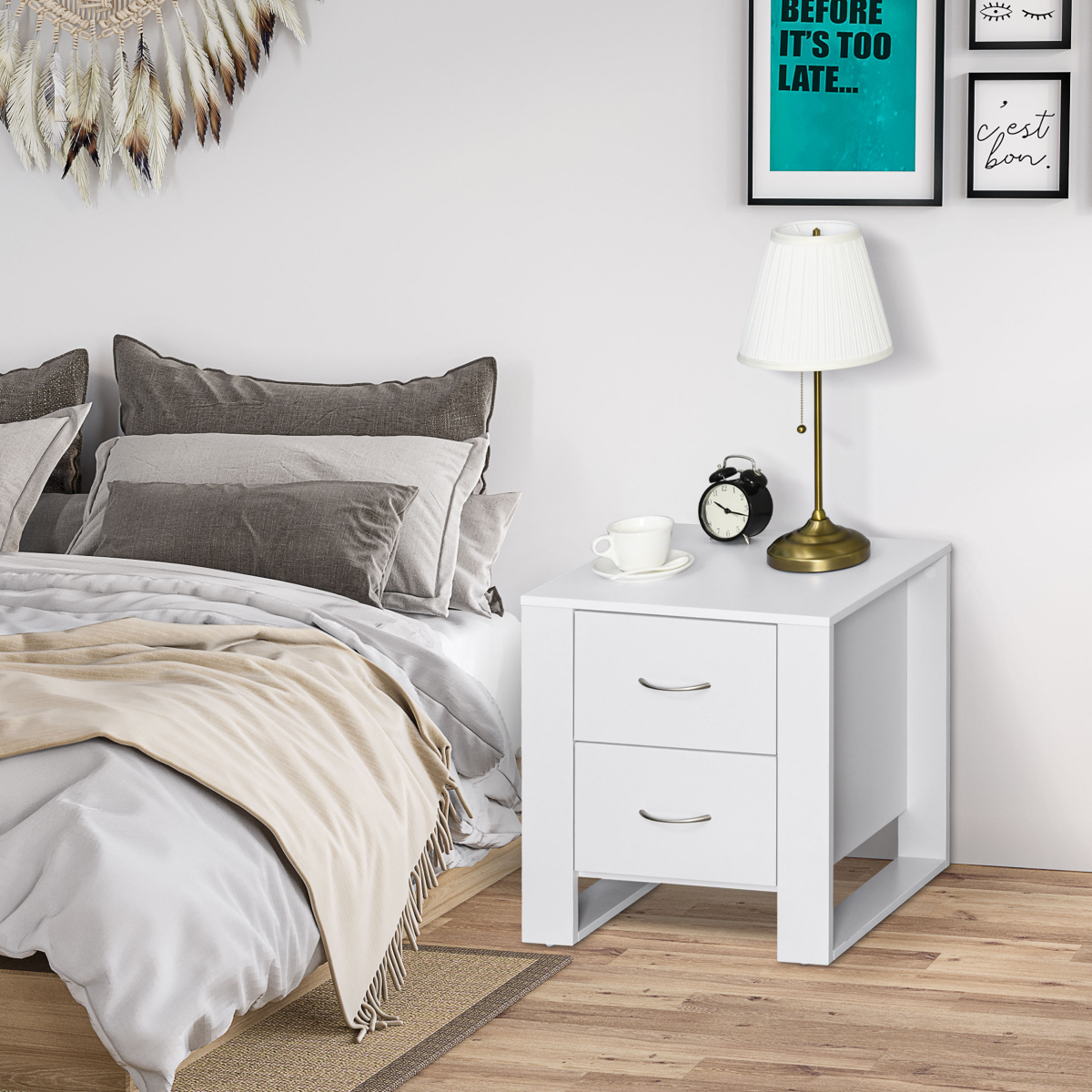 HOMCOM 2-Drawer Bedside Table with Silver-Tone Handles – Particle Board Bedroom Storage, White