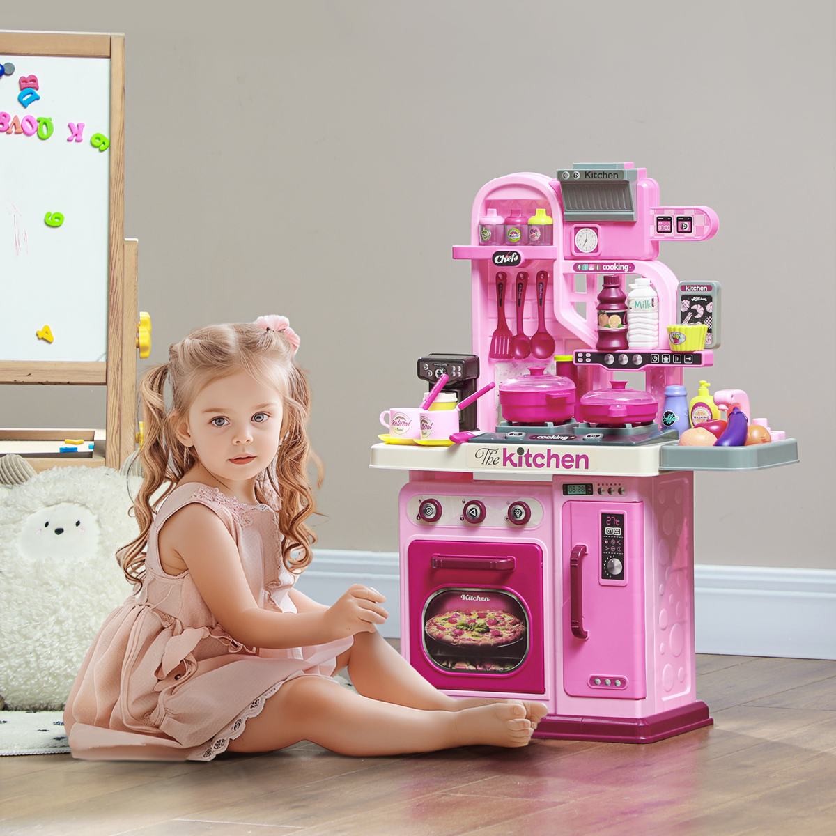 AIYAPLAY Kids Play Kitchen with 33 Accessories, Lights, Sounds and Storage – Pretend Cooking Toy, Pink