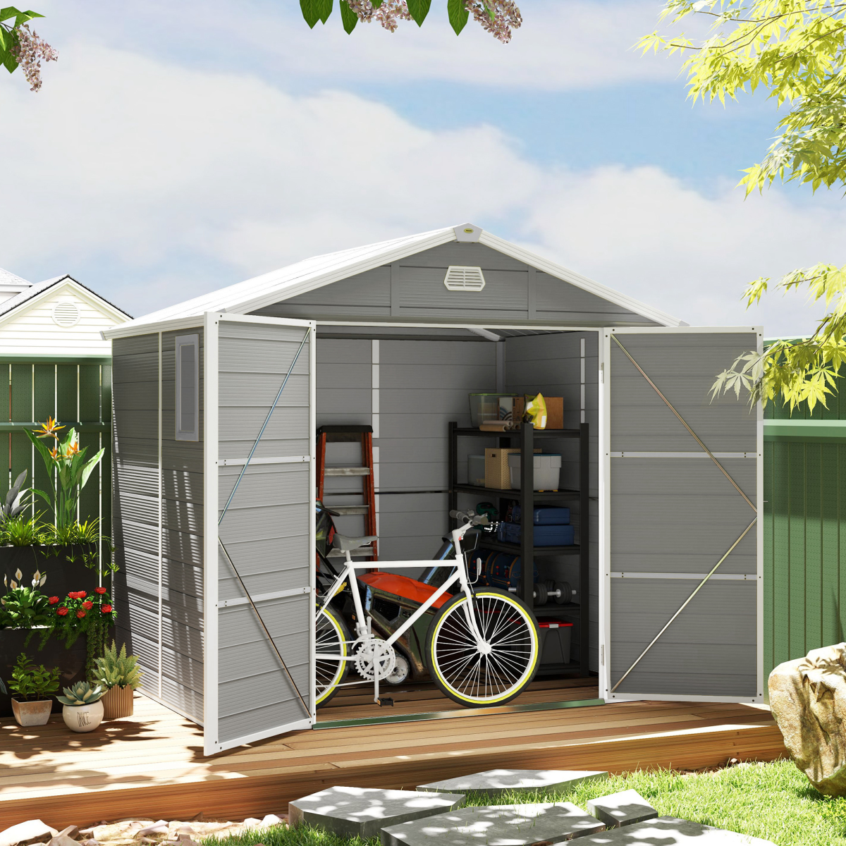 Outsunny 8x6ft Garden Shed with Galvanised Foundation Kit, Vents & Window – Lockable Aluminium Frame Storage, Light Grey