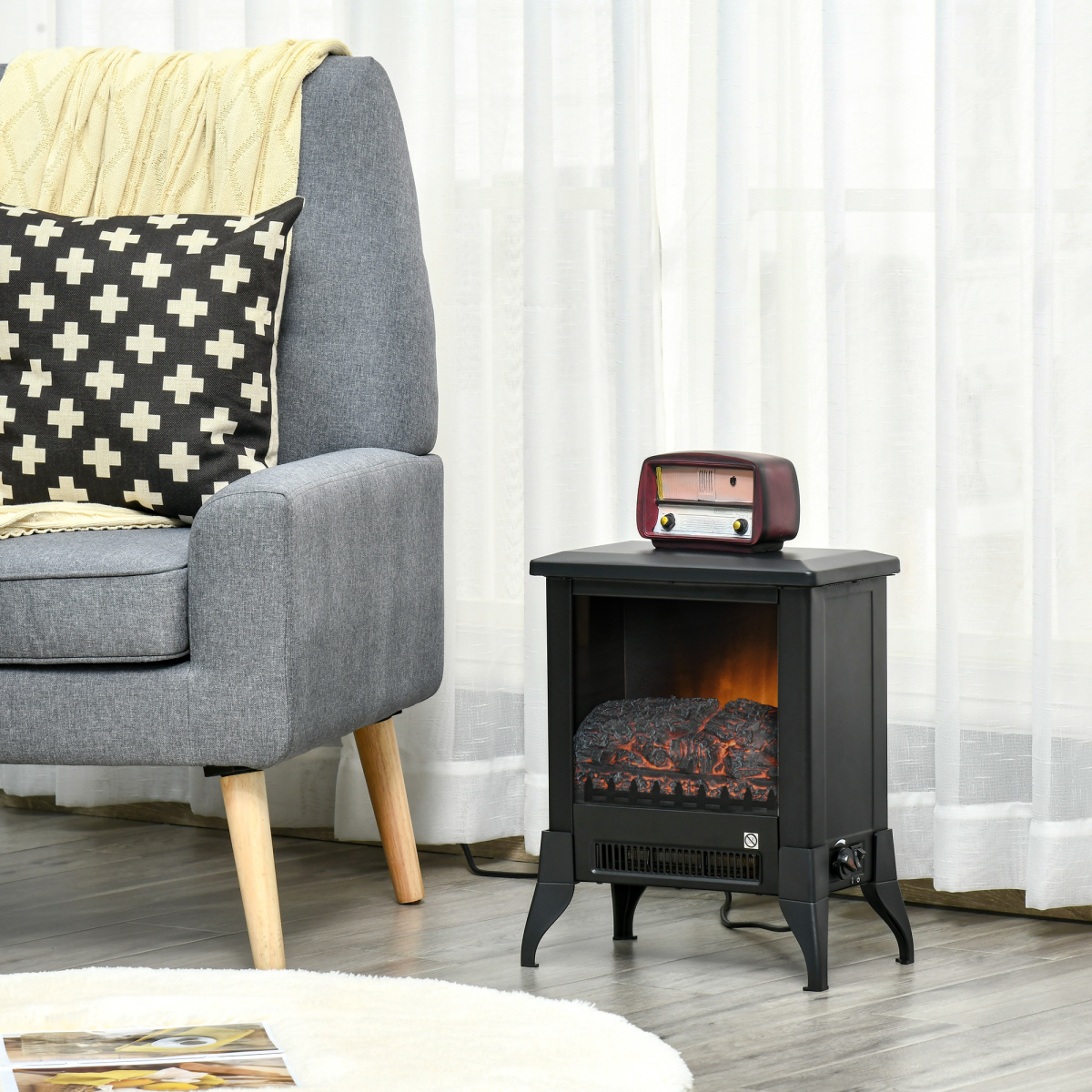 HOMCOM Freestanding Electric Fireplace Stove with Adjustable Temperature – Glass Front, Overheat Protection