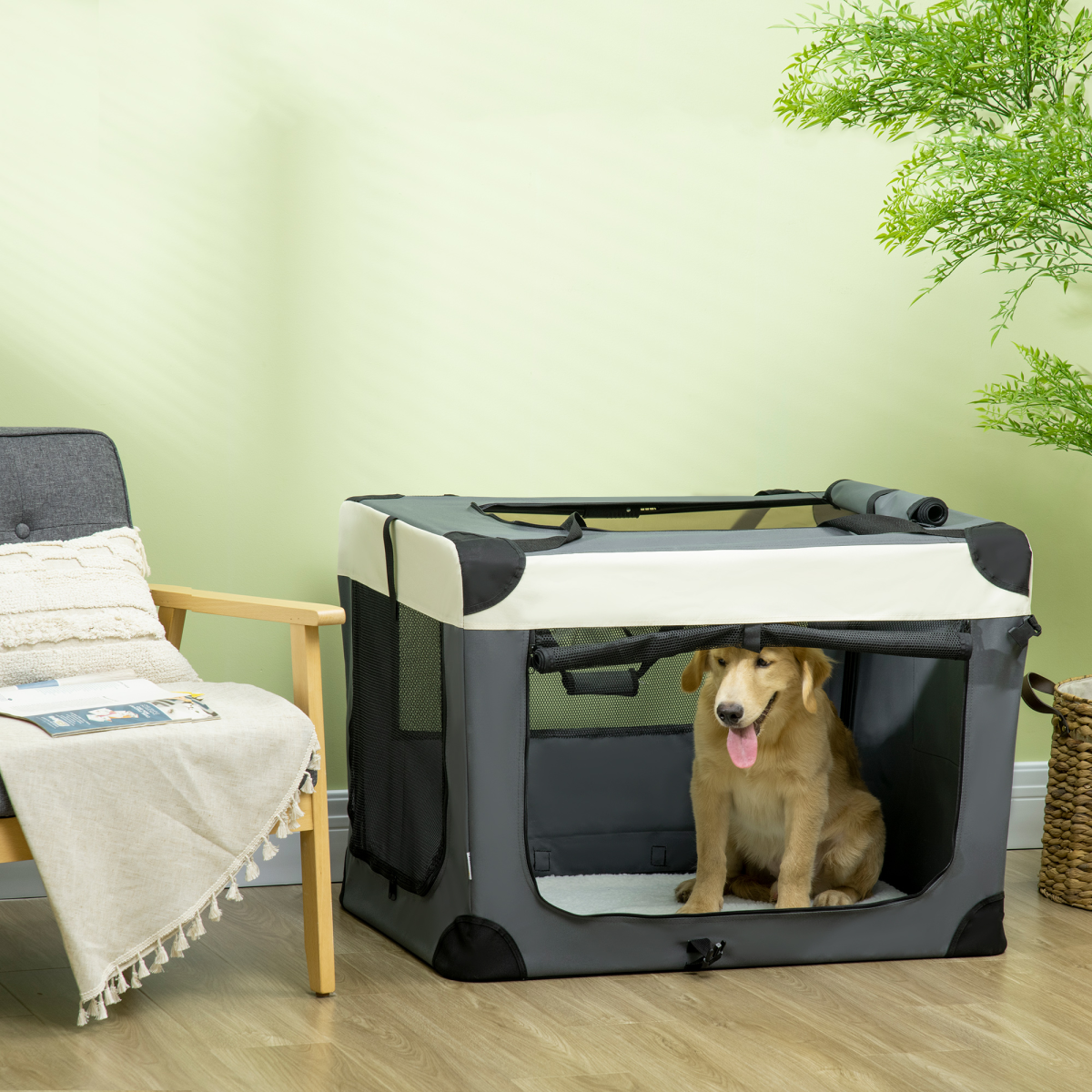 Pawhut 91cm Foldable Pet Carrier with Cushion & 3 Zipped Doors – Soft Bag for Large Dogs and Cats, Grey