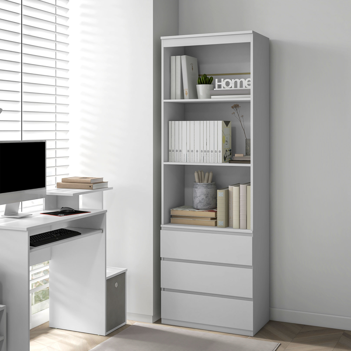HOMCOM 180cm Tall Bookshelf Storage Unit with 3 Drawers & Open Shelves – Living Room Bookcase, White