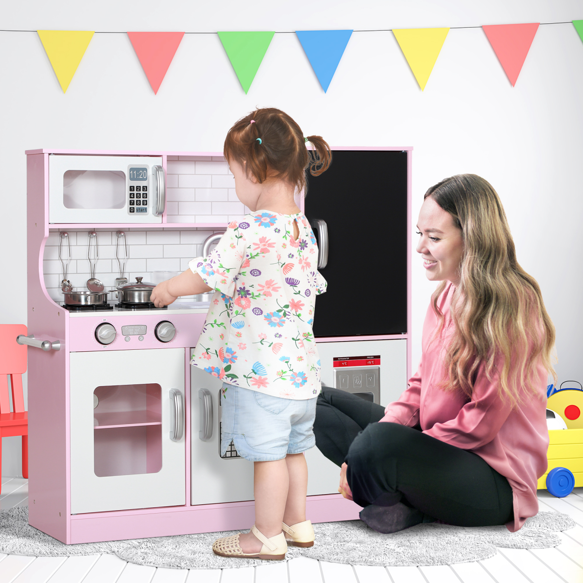 AIYAPLAY Play Kitchen with Toy Phone, Chalkboard, Sink and Ice Maker – Pretend Toy Kitchen Set, Pink