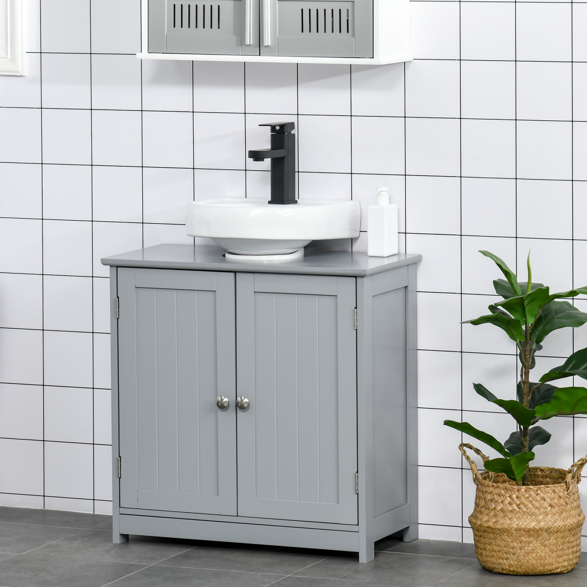 kleankin 60 x 60cm Under-Sink Storage Cabinet with Adjustable Shelf & Pipe Cut-Out – Bathroom Storage, Grey