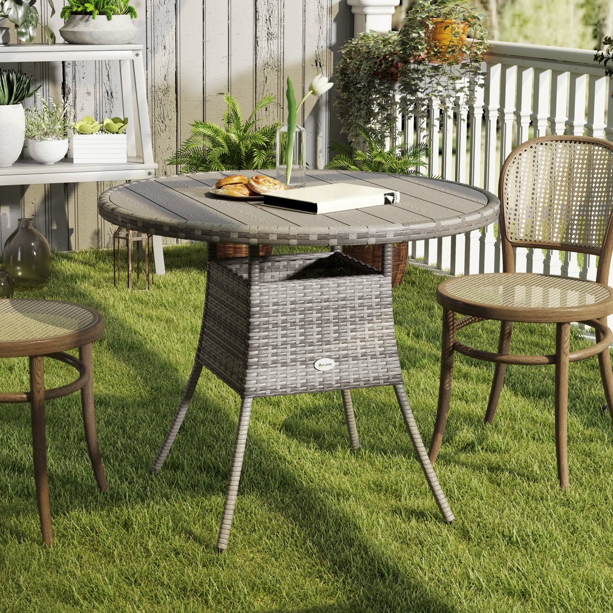 Outsunny Rattan Outdoor Dining Table for 4 with Wood-Plastic Composite Top – Patio Garden Furniture, Grey