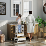 AIYAPLAY 2 in 1 Toddler Tower with Chalkboard & Safety Rail – Kitchen Helper Step Stool, White and Natural Wood