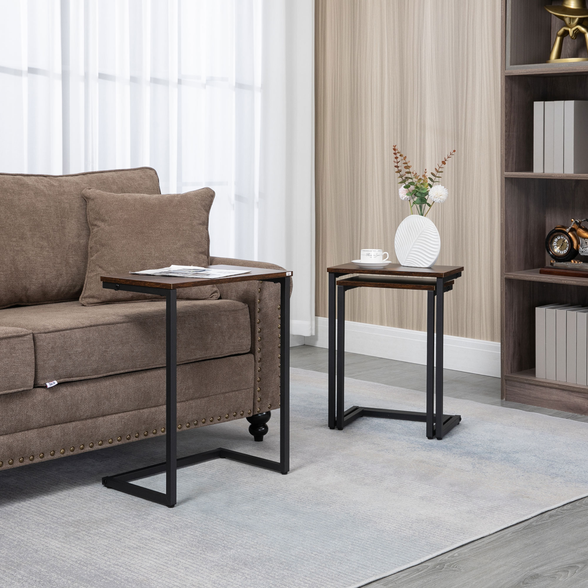 HOMCOM C-Shaped Nesting Tables Set of 3 with Steel Frame – Industrial Sofa Side Tables, Rustic Brown