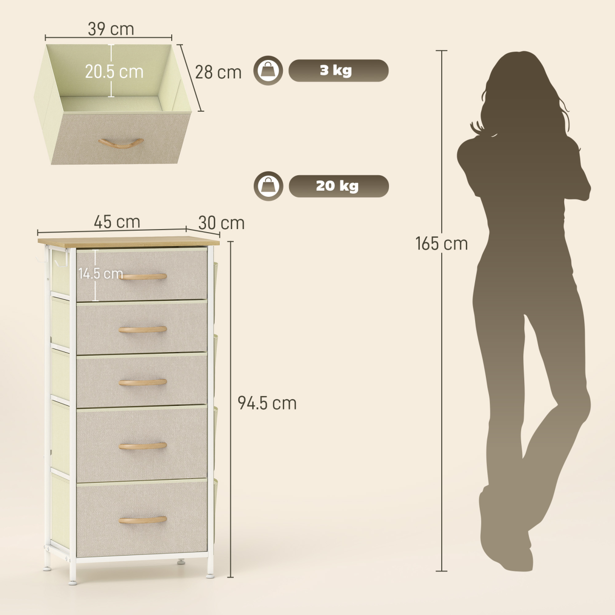 Fabric Chest of Drawers with 5 Foldable Drawers, 4 Side Pockets & Steel Frame – Bedroom Storage Tower