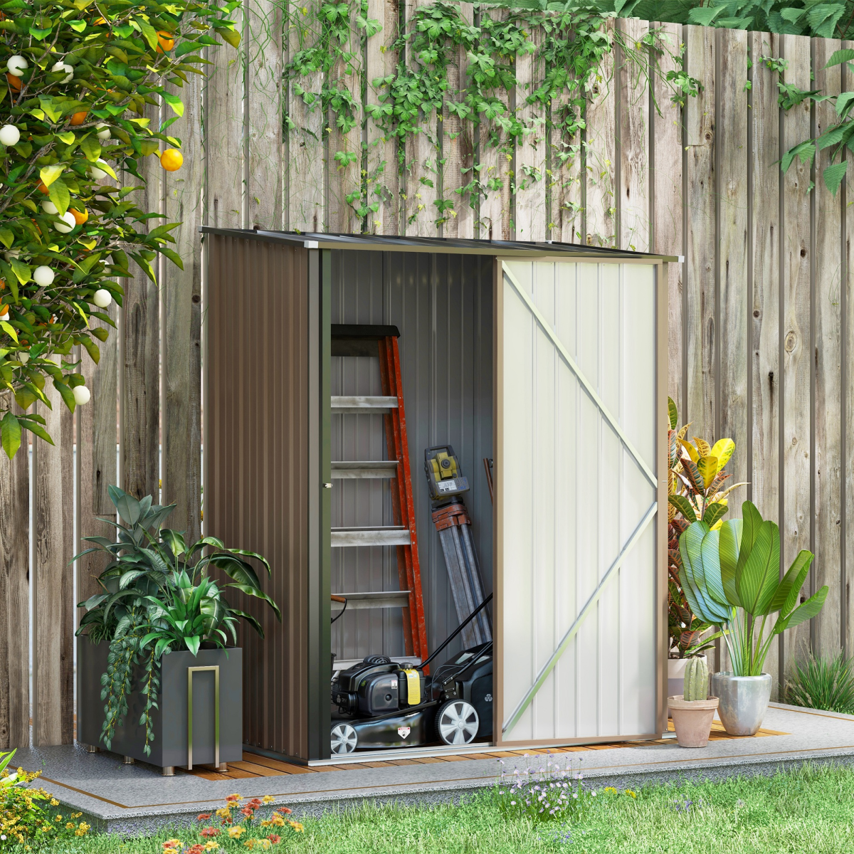 Outsunny Steel Garden Shed with Lockable Door and Sloped Roof – Outdoor Tool Storage, 161.5 x 94.5 x 196 cm