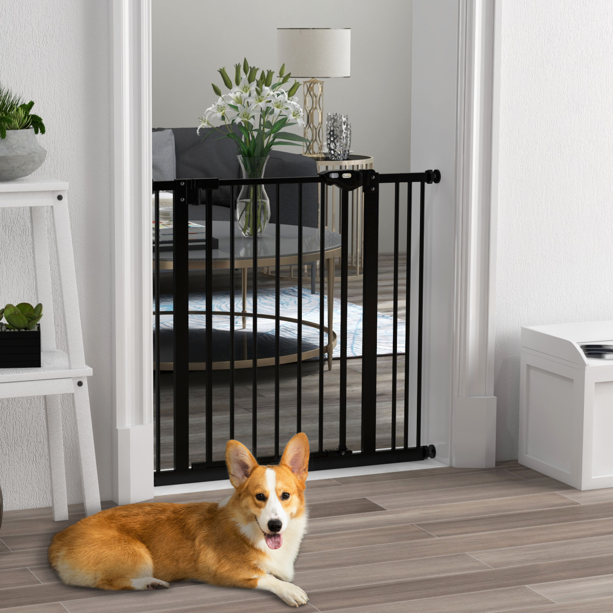 PawHut Adjustable Safety Gate with 1 Extension and 4 Screws – Pet Gate for Doors and Stairs, Black
