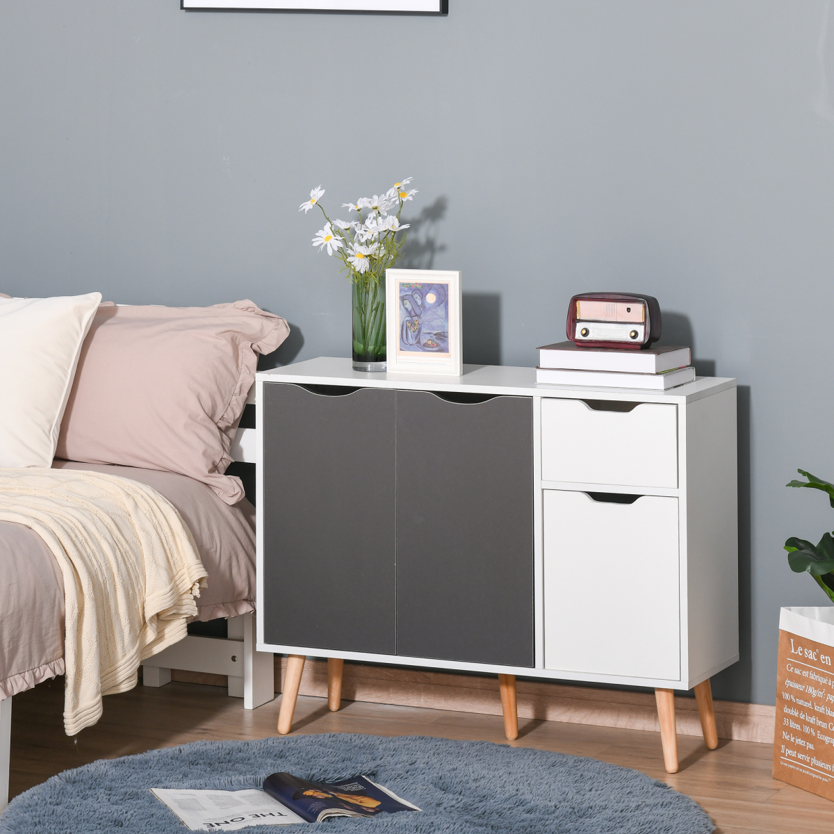 Scandinavian Sideboard Storage Cabinet with Drawer & Adjustable Shelves – Two White and Two Coloured Doors