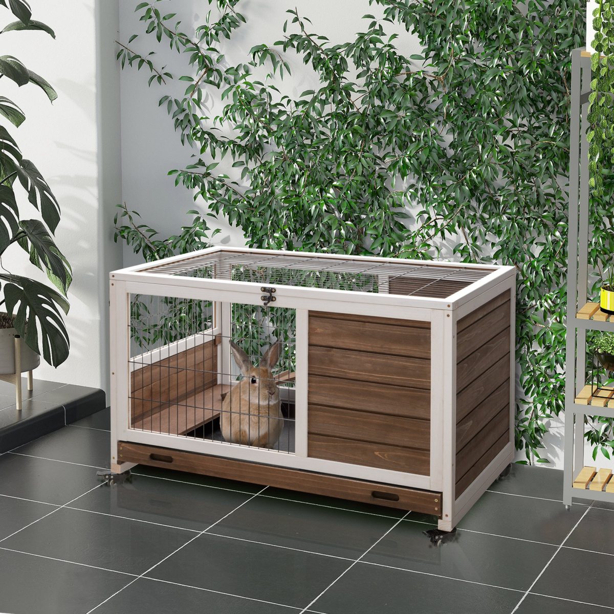 PawHut Wooden Indoor Rabbit Hutch with 2 Floors, Wheels and Openable Roof – Fir Wood Guinea Pig Cage