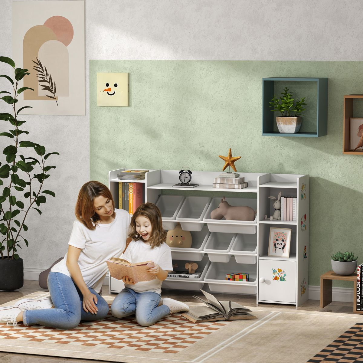 AIYAPLAY Kids Toy Storage Organiser with 8 Removable Bins, Bookcase & Cupboard – White