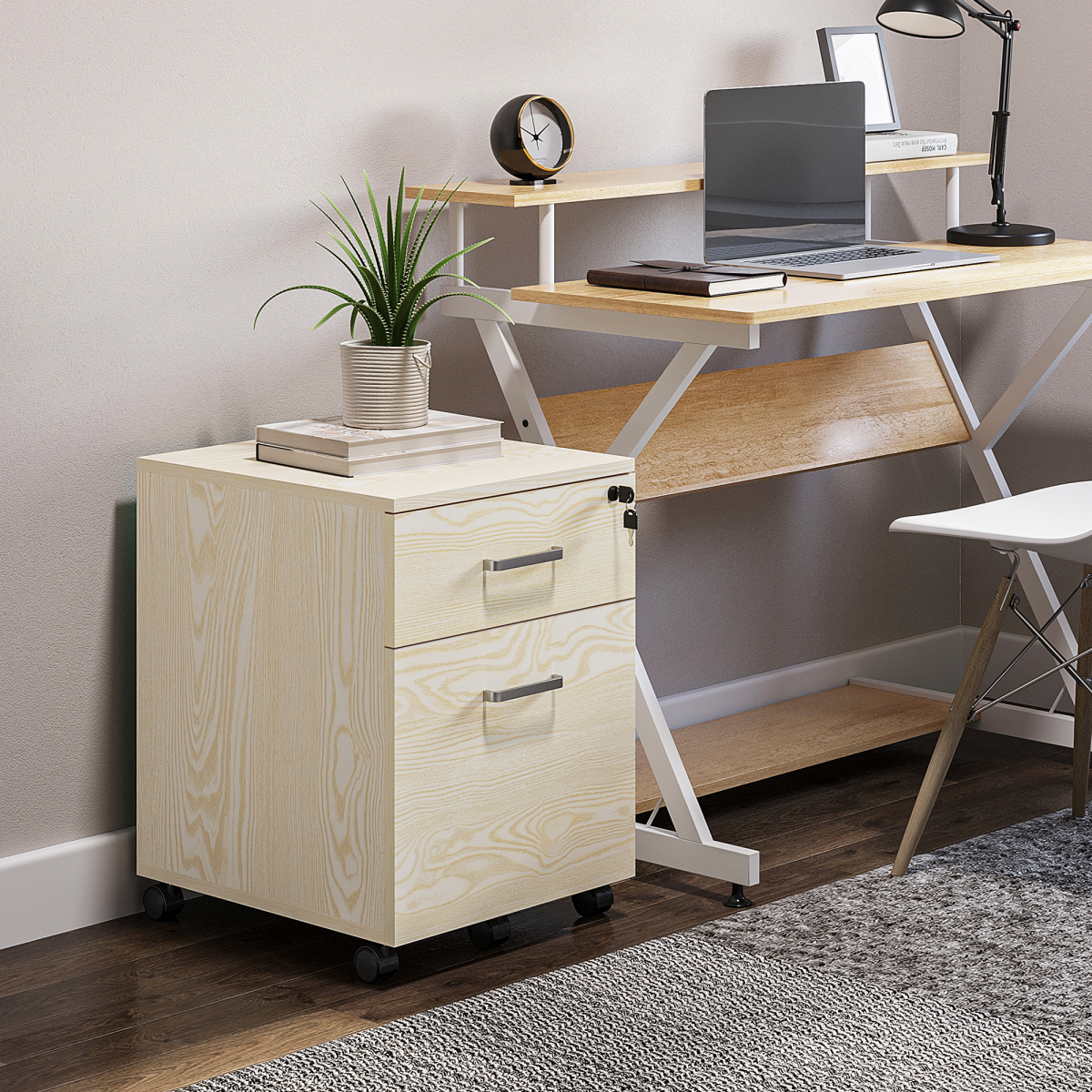Vinsetto 2-Drawer Locking Mobile Filing Cabinet on Wheels – Home Office Document Storage, Oak