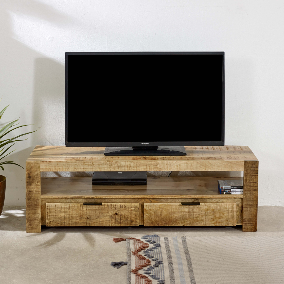 Indian Hub Surrey Solid Mango Wood TV Stand with 2 Drawers – Handmade Media Unit
