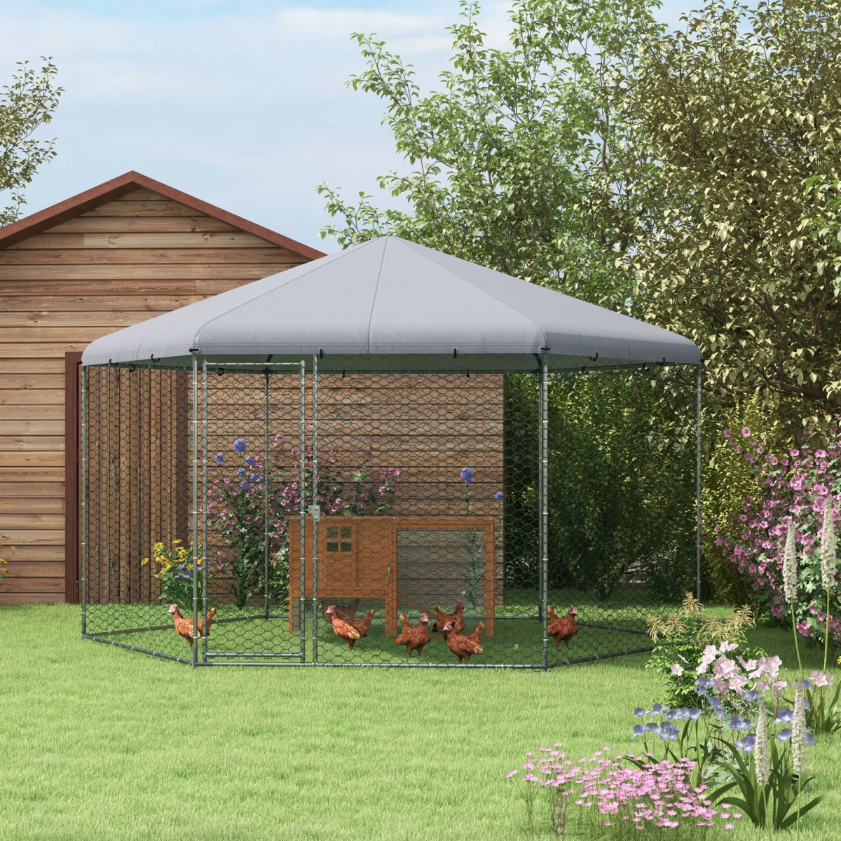PawHut Walk-In Chicken Run with Cover – Galvanised Steel Coop for 10-15 Chickens, Ducks and Rabbits