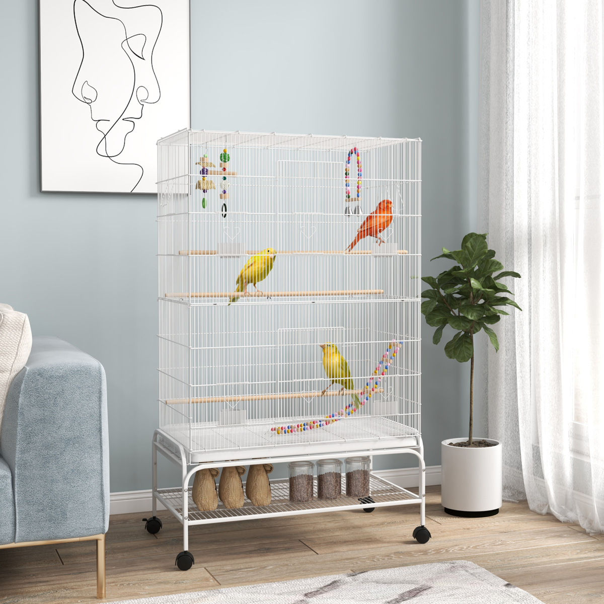 PawHut Rolling Bird Cage with Stand – Steel, Toys, Perches and Wheels, 79 x 49 x 133cm, White