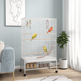 PawHut Rolling Bird Cage with Stand – Steel, Toys, Perches and Wheels, 79 x 49 x 133cm, White