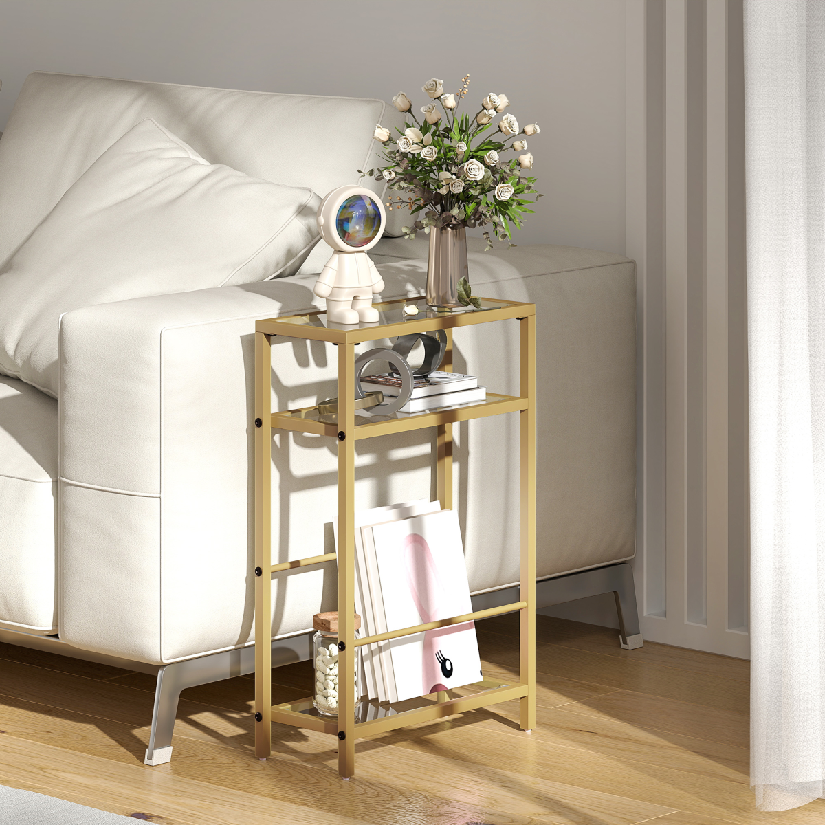 HOMCOM Slim Side Table with Three-Tier Tempered Glass Shelves – 18 cm Narrow End Table, Gold Tone