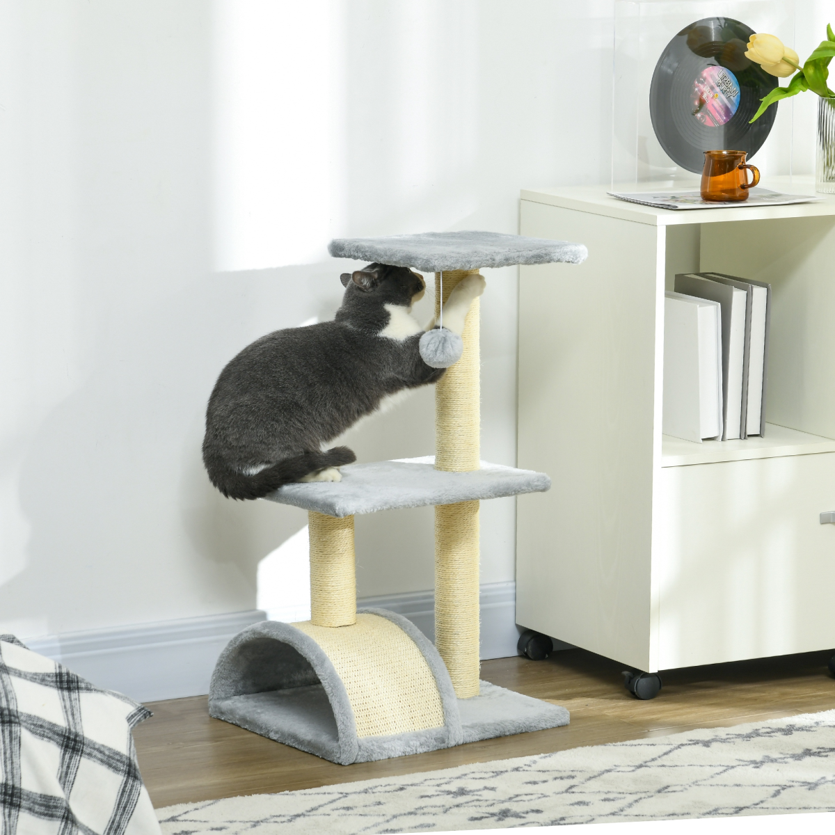 PawHut 72cm Multi-Level Cat Tree Climbing Tower with Sisal Scratching Post and Perches – Light Grey