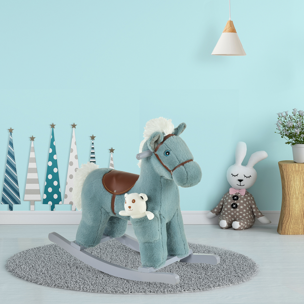 HOMCOM Kids Plush Ride-On Rocking Horse with Neighing Sounds and Wooden Base – Toddler Rocker